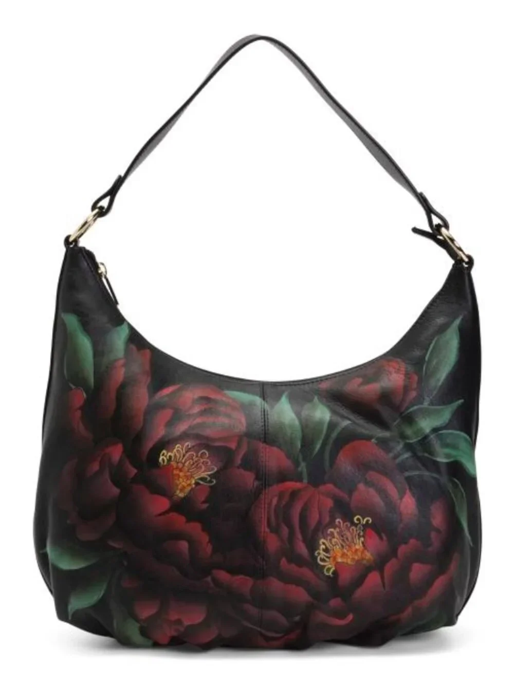 ANUSCHKA Leather Hand Painted Midnight Peony Hobo